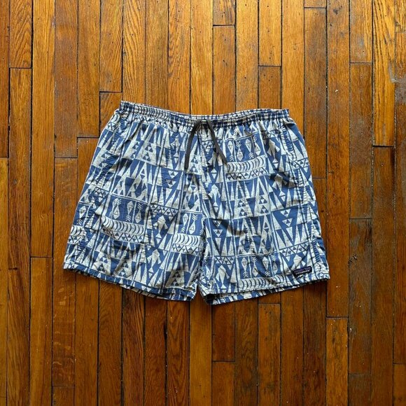 2000s Patagonia Swim Trunks Shorts Men XL‎ Blue Cream Geometric Fish Beachwear - Picture 1 of 7
